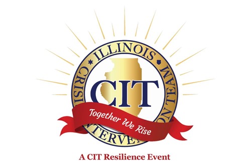 Crisis Intervention Team Training logo for the CIT Resilience Event. Together We Rise. Features the outline of Illinois